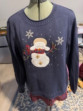 Christopher & Banks Navy Snowman Appliqué Sweater with Plaid Trim